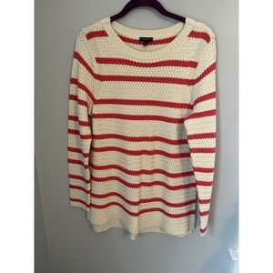 Talbots Women's Knit Pullover Sweater LP Striped Beige Pink Long Sleeve Crew Nec